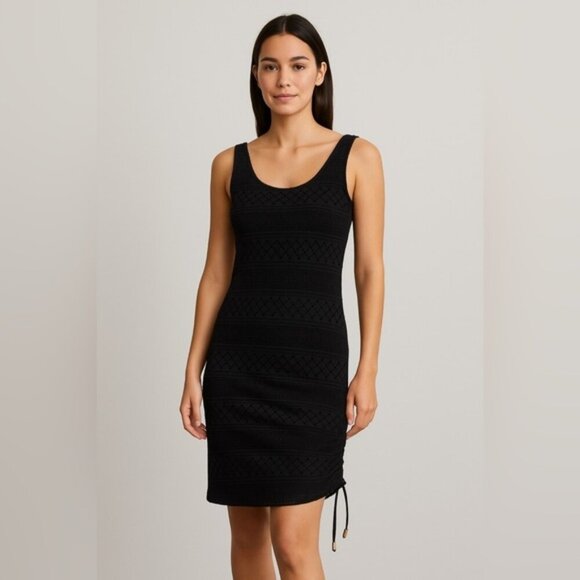 GUESS Black Crochet Overlay Sleeveless Tank Dress with Side Drawstring – Size L - Picture 1 of 7